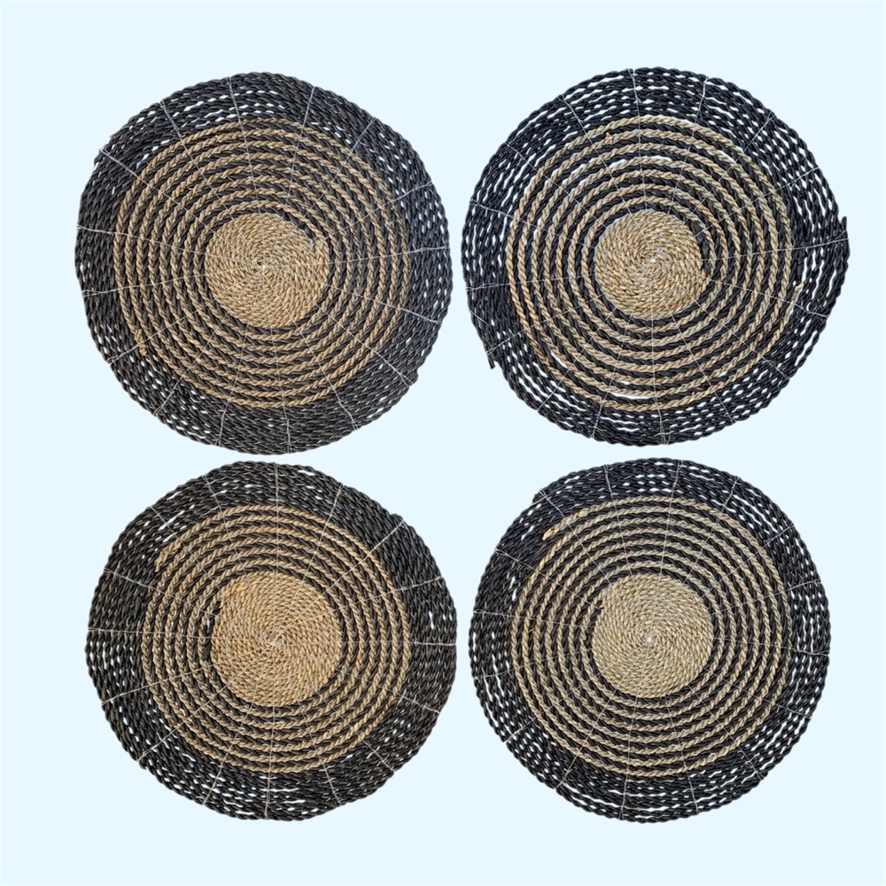 Decmode Round Striped Gray and Natural Seagrass Woven Placemats ~ Set of 4